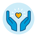 Hands surround a heart, radiating light, on a blue background.