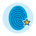 Fingerprint with a star overlaps light blue circle background.