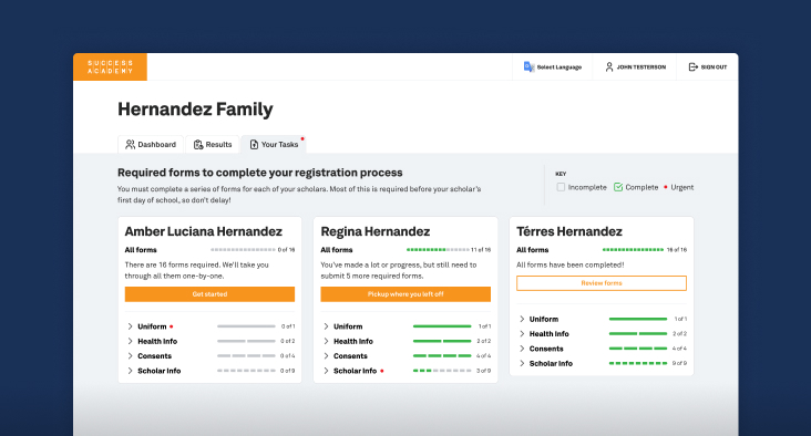 A screenshot of the Success Academy family dashboard showing registration forms status for a family.