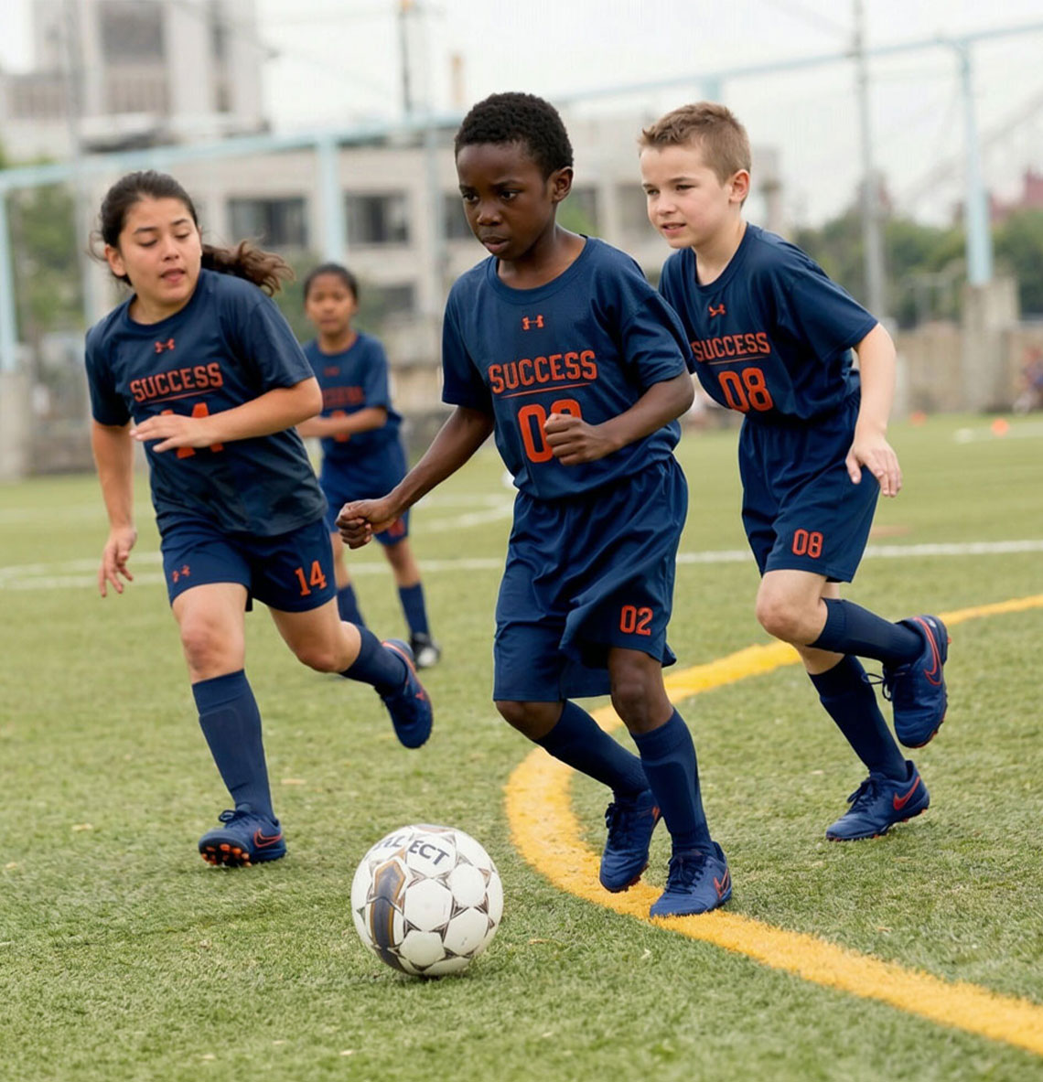 Success Academy elementary school students playing soccer.